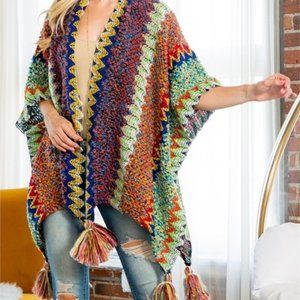 FALL VIBES KNIT ZIGZAG PATTERN TASSEL DETAILED KIMONO MULTI COLOR